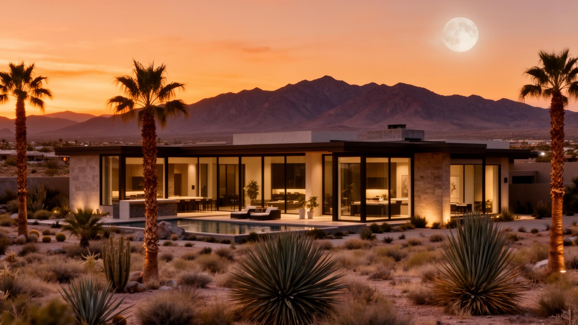 Modern luxury desert home in El Paso at sunset